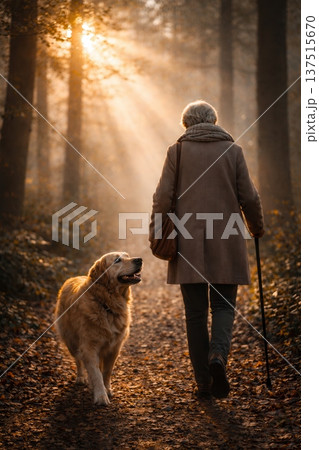 Senior Woman Walking Golden Retriever In Forest Sunset. AI Generated 137515670