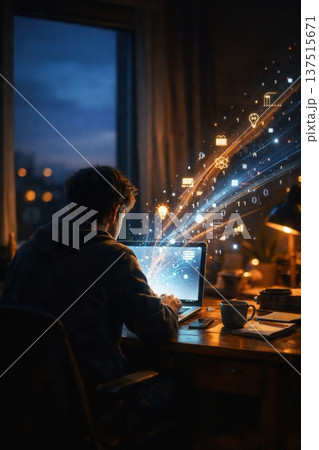 Young Man Coding On Laptop With Data Flow. AI Generated 137515671