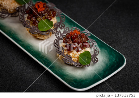 Cheese fried balls or croquettes with potatoes or rice. Snacks, fast food, junk food 137515753