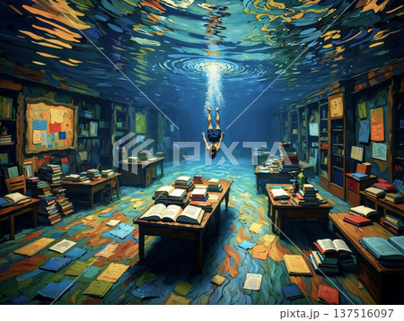 Diving into the Depths of a Watery Library. A surreal underwater scene depicts a person diving into a library. Diving into the Depths of a Watery Library. A surreal underwater scene depicts a person diving into a library. 137516097