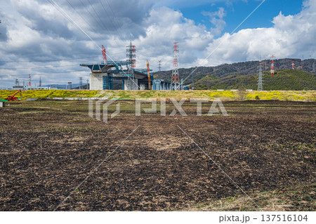野焼き後の鵜殿ヨシ原で進む工事中の新名神高速道路 大阪府高槻市 野焼き後の鵜殿ヨシ原で進む工事中の新名神高速道路 大阪府高槻市 137516104