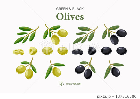 Green and Black Olives Vector Set. Olive Branches, Whole Olives and Slices Collection. Mediterranean Food Ingredients for Cooking, Packaging, Menu Design Elements Green and Black Olives Vector Set. Olive Branches, Whole Olives and Slices Collection. Mediterranean Food Ingredients for Cooking, Packaging, Menu Design Elements 137516380