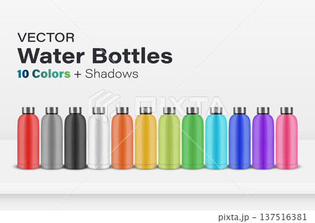 Vector 3d Stainless Steel Water Bottle Set. 10 Color Reusable Drink Bottles with Shadows. Modern Vacuum Flask Collection for Sport, Travel and Outdoor, Isolated. Vector Illustration Vector 3d Stainless Steel Water Bottle Set. 10 Color Reusable Drink Bottles with Shadows. Modern Vacuum Flask Collection for Sport, Travel and Outdoor, Isolated. Vector Illustration 137516381