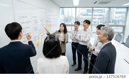 Multi-generational Korean Business Team Brainstorming with Whiteboard in Office 137516768