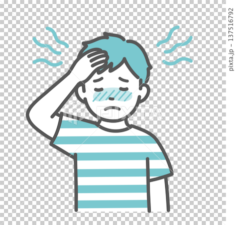 插圖描繪了一個男孩（兒童）出現潮熱和發燒症狀。 137516792