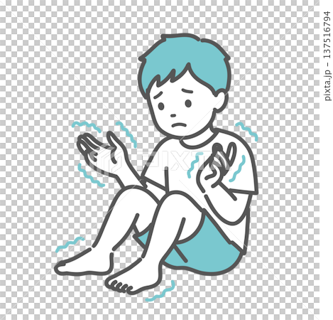 Illustration of a boy (child) who seems anxious due to numbness and trembling in his limbs 137516794