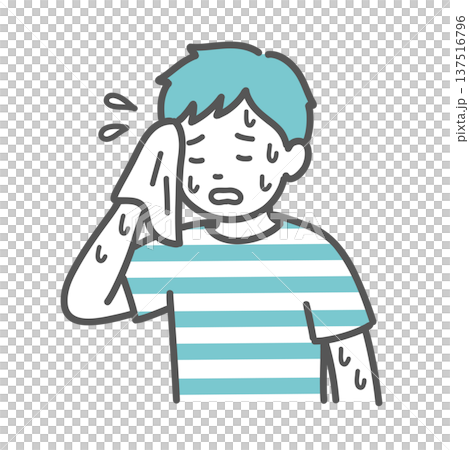插圖描繪了一個男孩(孩子)大汗淋漓,看起來很痛苦。 插圖描繪了一個男孩(孩子)大汗淋漓,看起來很痛苦。 137516796