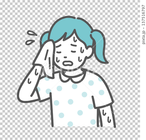 插圖描繪了一個女孩（兒童）大汗淋漓，看起來很痛苦。 137516797