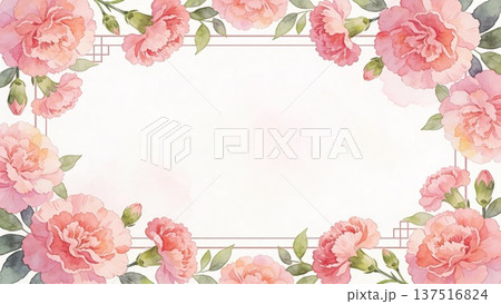 パステルピンクのカーネーション水彩横長フレーム 137516824
