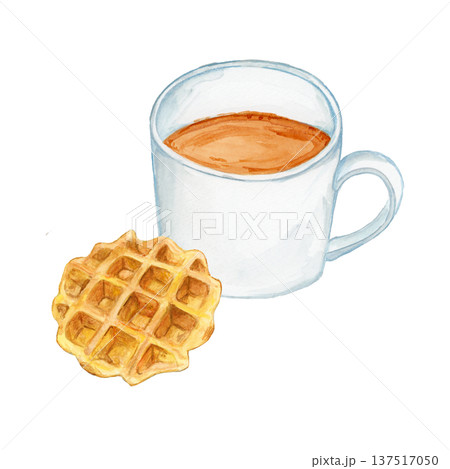 手描き水彩の白いマグカップコーヒーとワッフルの朝食イラスト カフェ風モーニング 137517050