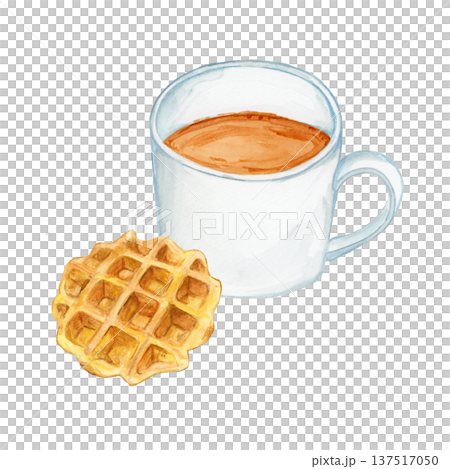 手描き水彩の白いマグカップコーヒーとワッフルの朝食イラスト カフェ風モーニング 137517050
