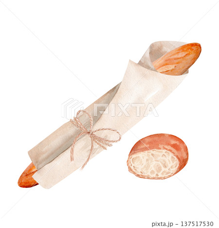 Baguette wrapped in parchment tied with rustic twine bow, sliced bread piece, watercolor illustration isolated on white. Artisanal bakery composition for food branding, packaging, bakery advertising 137517530
