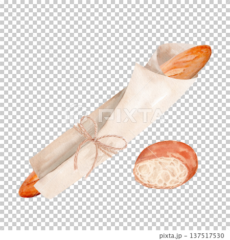 Baguette wrapped in parchment tied with rustic twine bow, sliced bread piece, watercolor illustration isolated on white. Artisanal bakery composition for food branding, packaging, bakery advertising 137517530