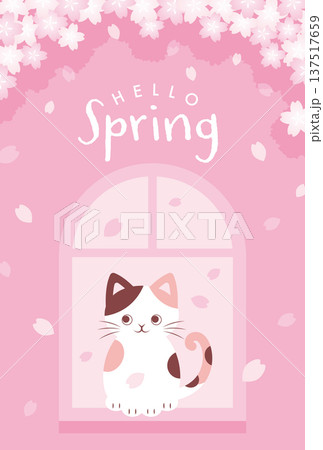 窓際で舞う桜の花を眺める猫の背景イラスト 窓際で舞う桜の花を眺める猫の背景イラスト 137517659