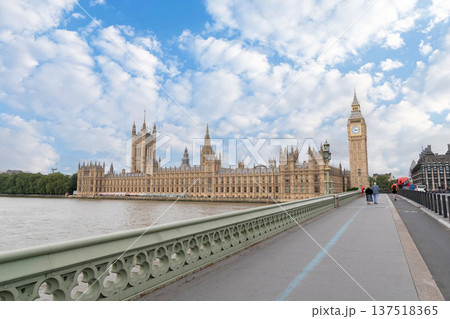Classic London cityscape showing the Palace of Westminster and the Big Ben clock tower standing along the River Thames near Westminster Bridge. 137518365