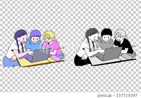 Illustration set of three elementary school students taking a class on a laptop. Color and monochrome. ICT education. Hand-drawn material. Illustration set of three elementary school students taking a class on a laptop. Color and monochrome. ICT education. Hand-drawn material. 137518397