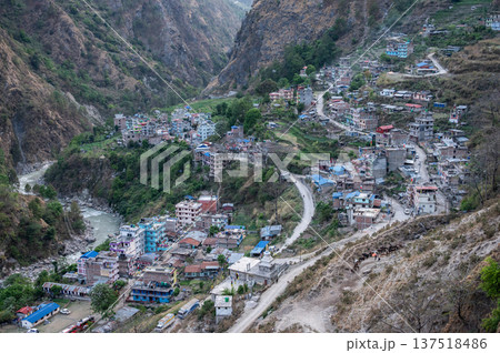 Scenery view of Syabrubesi village a beautiful resident village inside the Langtang National Park of Nepal. Scenery view of Syabrubesi village a beautiful resident village inside the Langtang National Park of Nepal. 137518486