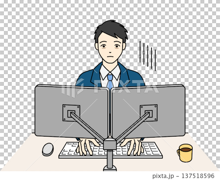一位身穿西裝的男性上班族，在電腦前工作時顯得焦慮沮喪。 137518596