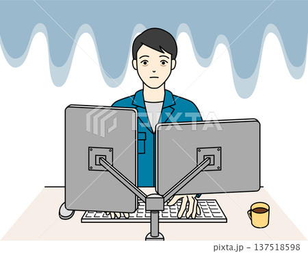 PC作業中にミスをして青ざめる作業着の男性 PC作業中にミスをして青ざめる作業着の男性 137518598