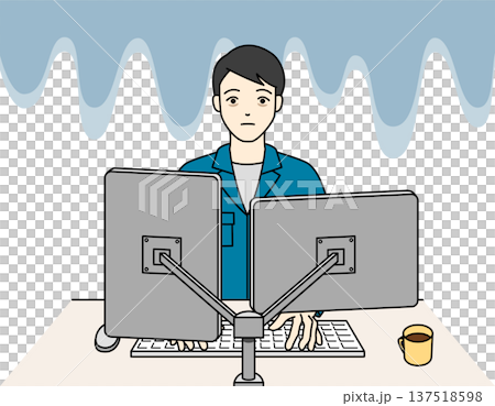 PC作業中にミスをして青ざめる作業着の男性 PC作業中にミスをして青ざめる作業着の男性 137518598