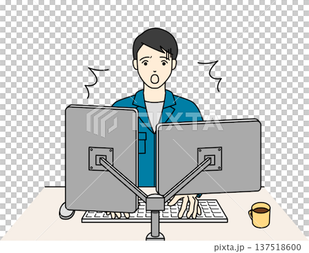 一名身穿工作服的男子正在操作一台雙顯示器電腦,卻被嚇了一跳。 一名身穿工作服的男子正在操作一台雙顯示器電腦,卻被嚇了一跳。 137518600