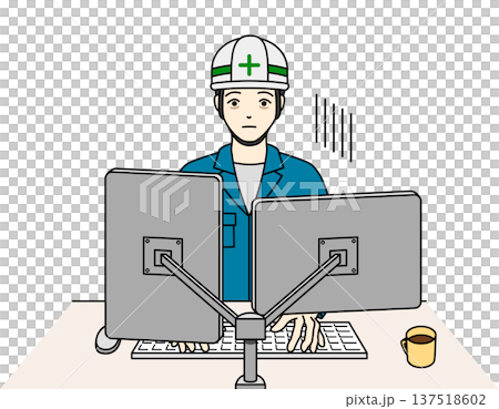 A male worker wearing a helmet is stuck and depressed while working on a PC A male worker wearing a helmet is stuck and depressed while working on a PC 137518602