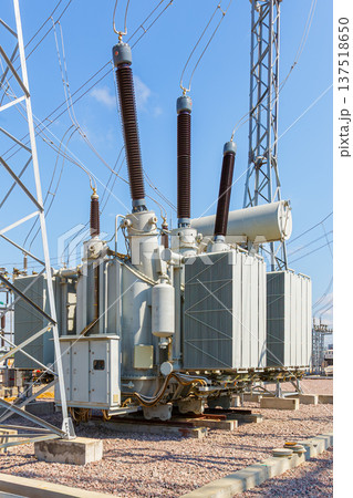 Vertical view of various elements and high-voltage insulators of a transformer substation, without people, at daytime on background of blue sky Vertical view of various elements and high-voltage insulators of a transformer substation, without people, at daytime on background of blue sky 137518650