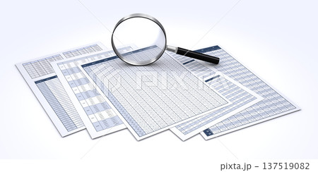 ビジネスデータを印刷した書類と虫メガネ、ビジネス業績の検証やデータ分析のイメージ 137519082