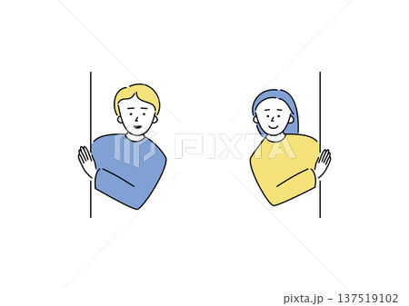 陰から笑顔で静かに見守る大人たちのシンプルなイラスト（イエロー・ブルー） 137519102