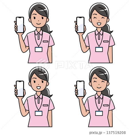 笑顔でスマホを見せるポロシャツの外国人女性のイラスト 137519208