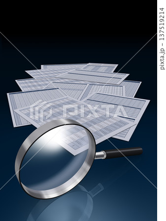 ビジネスデータを印刷した書類と虫メガネ、ビジネス業績の検証やデータ分析のイメージ 137519214