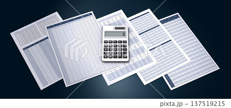 ビジネス資料と電卓、ビジネスデータを検証・分析するイメージ 137519215