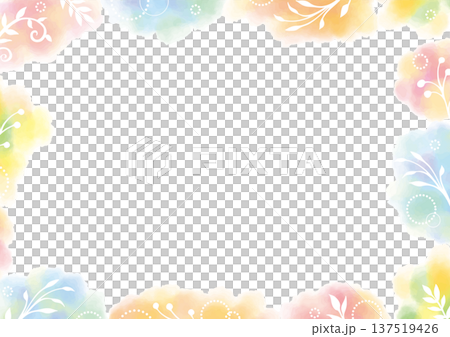 カラフルな水彩絵の具と白い植物と丸いパーツで飾った白い背景 カラフルな水彩絵の具と白い植物と丸いパーツで飾った白い背景 137519426