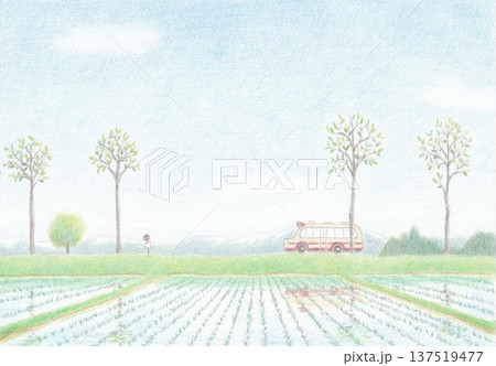 色えんぴつ画の田んぼとボンネットバス 137519477