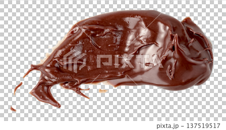 A glossy smear of chocolate hazelnut spread isolated. Top view of creamy cocoa paste texture with rich brown color. Perfect for food product design and dessert themes. 137519517