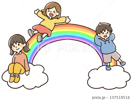 大きな虹の上で遊ぶ子供たちのイラスト 137519518