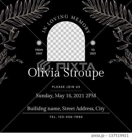 Floral memorial and funeral invitation card template design, black decorated with outline leaves and flowers 137519921