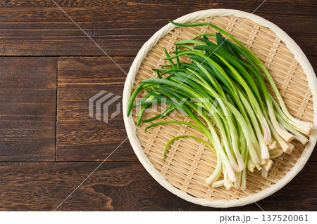 あさつき 竹ざるに盛った香味野菜 137520061