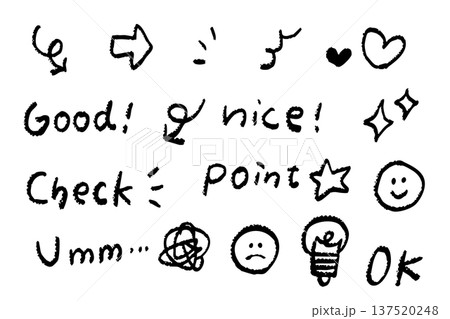 手描き落書きアイコンセット 矢印 ハート 星 スマイル チェック OK 電球 Good Nice 手描き落書きアイコンセット 矢印 ハート 星 スマイル チェック OK 電球 Good Nice 137520248