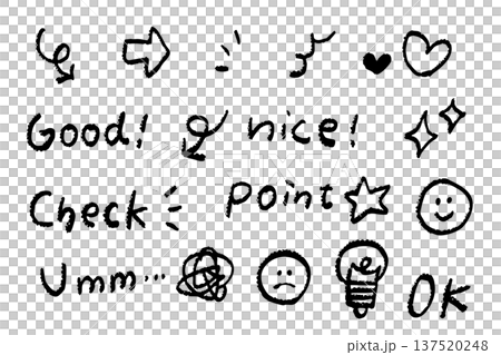 手描き落書きアイコンセット 矢印 ハート 星 スマイル チェック OK 電球 Good Nice 手描き落書きアイコンセット 矢印 ハート 星 スマイル チェック OK 電球 Good Nice 137520248