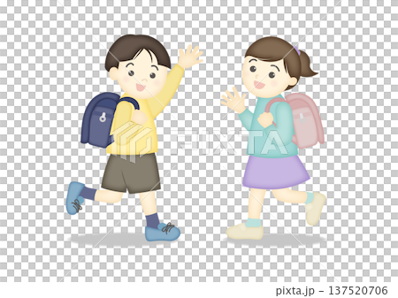ランドセルを背負って手を振る子供たち 137520706
