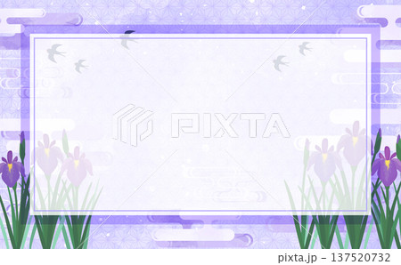 菖蒲の紫色の水彩風和柄四角フレーム_横 137520732