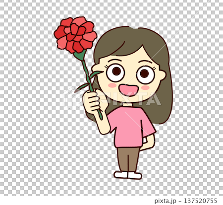 Cute illustration of a smiling child offering a carnation for Mother's Day_One flower_Girl 137520755