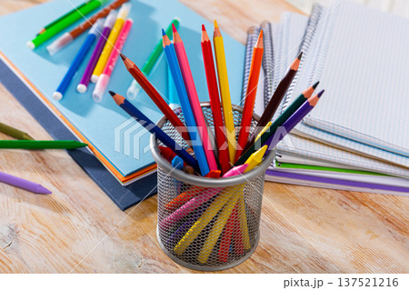 Colored pencils kept in pencil holder Colored pencils kept in pencil holder 137521216