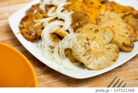 Homemade marinated white brittlegill mushrooms with onion 137521308