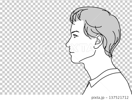 Profile illustration of a young Japanese man, upper body, face up, sideways, monochrome 137521712