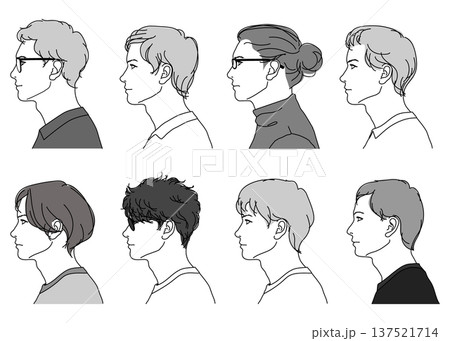 8人の日本人男性の横顔のイラストセット 上半身顔アップ 横向き モノクロ 137521714