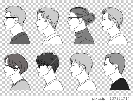 8人の日本人男性の横顔のイラストセット 上半身顔アップ 横向き モノクロ 137521714