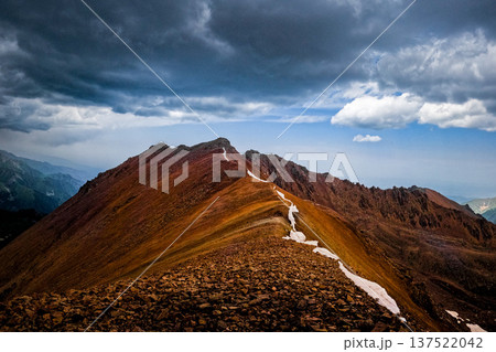 A scenic mountain ridge path leading towards Titov Peak in the Trans-Ili Alatau range, Almaty region, Kazakhstan. 137522042
