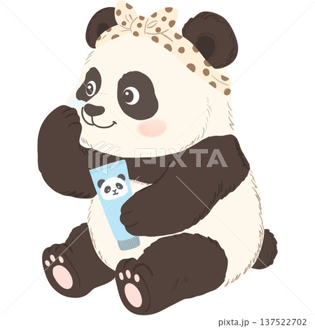 Cute baby panda sitting and applying eye cream while holding a small skincare tube with a panda label. Cute baby panda sitting and applying eye cream while holding a small skincare tube with a panda label. 137522702